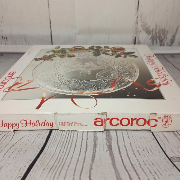 Arcoroc Glass Platter Happy Holiday Christmas Round Wreath With Bow USA 13" - Picture 11 of 12